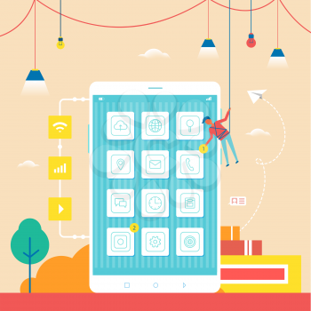 Developer swinging on rope close to big mobile phone placing notification and improving smartphones functions, electric bulbs on vector illustration