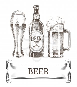 Beer bottle with emblem and mugs icons set. Colorless ribbon and monochrome sketches outline. Alcohol booze beverage in container isolated on vector