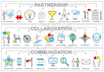 Partnership collaboration and communication set. Performance and unity team growth and win-win situation. Teamwork and discussion isolated vector