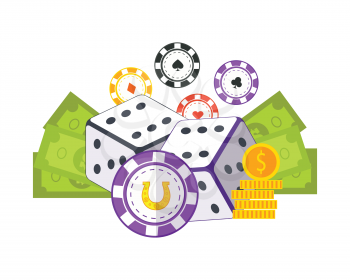Gambling concept vector in flat style. Casino chips, dice, money. Illustration for gambling industry, sport lottery services, icons, web pages, logo design. Isolated on green background.   