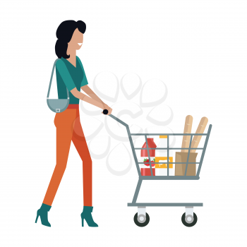 Woman with shopping cart in flat. Smiling woman in brown pants and green blouse. Woman daily shopping, supermarket shopping, customer in mall, retail store isolated illustration on white background.