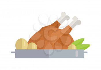 Fried poultry vector Illustration. Flat style design. Thanksgiving day. Traditional dish with vegetables and chicken, turkey, duck, goose. Picture for culinary recipes, cafe menu illustrating, icons.