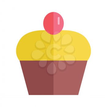 Color cake vector Illustration. Flat design. Home baking. Tasty sweet bun cover glaze with caramel cherry berry on top. Icons for bakery, confectionery, cafe advertising, menu, app pictogram.