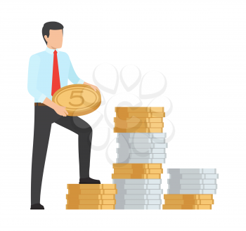 Man holding huge coin standing near to pile of same coins. Vector illustration with male and big amount of money isolated on white background