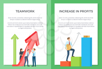 Teamwork and increase in profits representation with people working on arrow that indicates success and man with money. Vector illustration on white background