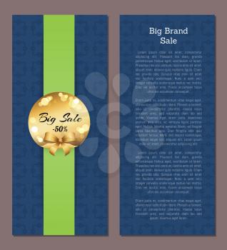 Big brand sale cover front back page with golden label discount half price and place for text vector illustration poster isolated on blue background