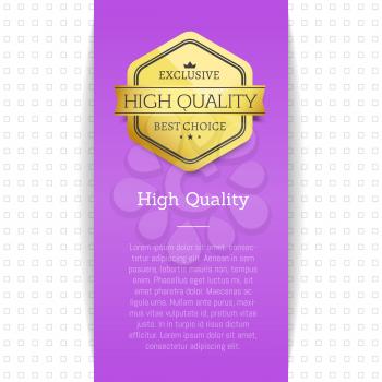 Exclusive high quality best choice promo poster with golden label on purple backdrop vector illustration leaflet on abstract background