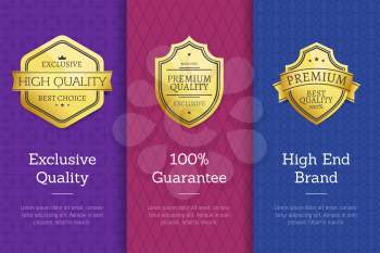 Exclusive quality 100 guarantee high end check golden labels set of logos design on colorful posters with text vector illustrations collection
