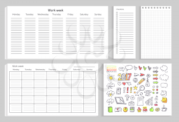 Work week set of papers with that help to organize working time and icons of sun and coffee, marks and clouds on vector illustration