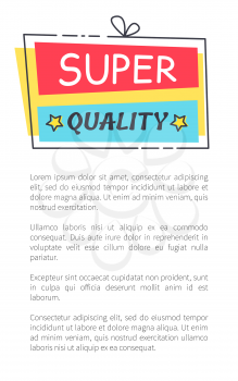Super quality promo sticker in square shape frame with bow above discount sale offer vector illustration in blue and red colors isolated label poster