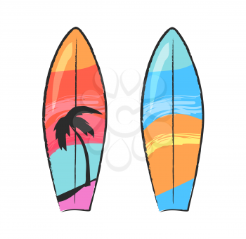 Two colorful surfing boards isolated on white. Vector illustration in graphic design of surfboards for floating on water with beach print and palm