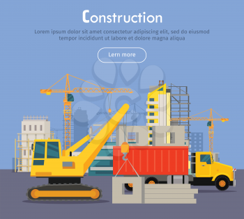 Construcrtion. Build banner concept in flat style. Modern building process. Pouring concrete. Building of residential house banner. Big building area. Icons of construction machinery. Vector
