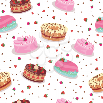 Tasty celebratory cakes seamless pattern. Decorated with colored frosting, fruits, chocolate, cream cakes flat vector illustrations on white background. For greeting card, wrapping paper