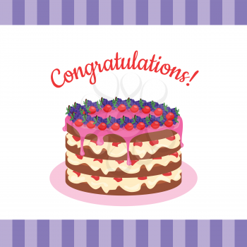 Congratulations Cake banner postcard greeting card. Chocolate cake bakery isolated flat style. Birthday cake, dessert and cookies, sweet confectionery, delicious cream, tasty pastry cake. Vector