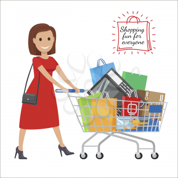 Shopping fun for everyone. Woman in red dress smiles and roll shopping bags and boxes in cart on white background. Have good time during the shopping vector illustration.