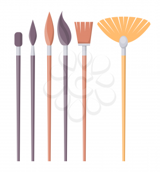 Set of paint brushes of different shapes isolated on white. Visual art paintbrush made by clamping the bristles to handle with ferrule, vector illustration