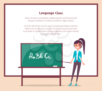 Language class in primary school banner with place for text. Teacher stands near blackboard with pointer and shows on ABC alphabet
