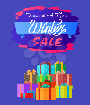 Discount -45 off winter sale poster with advertisement label with snowballs, pile of presents in decorative wrapping paper isolated on blue vector