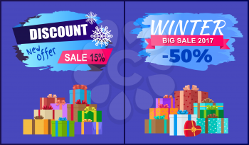 New offer discount - 15 winter 2017 big sale - 50 set of vector banners with advert labels and mountain of gift boxes isolated on blue background