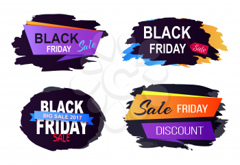 Black Friday big sale 2017, set of stickers and labels with different title decoration and ribbons on vector illustration isolated on white