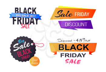 Big sale best choice Black Friday, only today, poster with stickers and labels representing shapes and text inside of them vector illustration