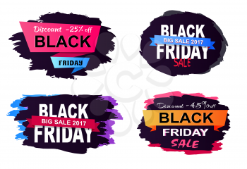 Discount -25 off, big sale 2017 Black Friday, collection of stickers dedicated to shopping day theme, on vector illustration isolated on white