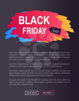 Black friday sale web promo poster with advertising information about discounts on painted stroke in bright colors inscription isolated on black