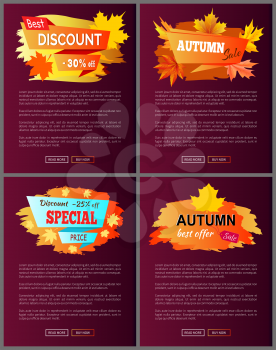 Set of leaflets with foliage autumn big sale 2017 best offer special price discounts on fall collection web banners, buttons read more and buy now vector