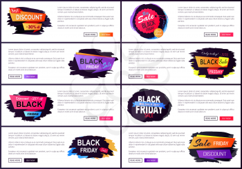 Only today black Friday sale, internet pages with informational text, title in ribbons and circle and buttons vector illustration isolated on white