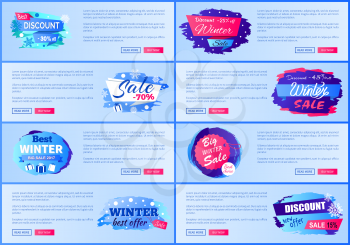 Winter season discounts advertisement web posters with sales labels design consisting info about prices off 2017 collection vector illustrations