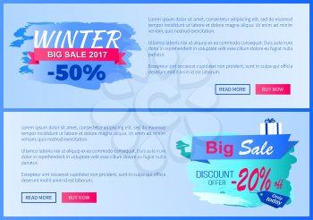 Winter big sale 2017 -50 vector illustration landing pages design, place for text informing about reduction of prices on half, shopping label -20 off
