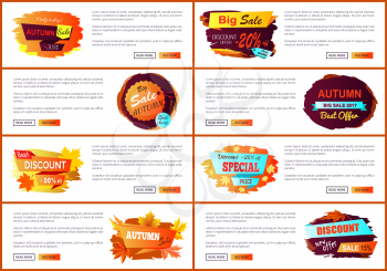 Autumn sale web posters set with promo advertising labels informing about discounts, landing pages with place for text vector illustrations collection