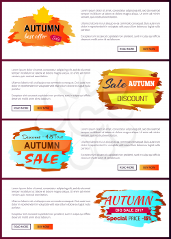 Autumn sale best offer discounts only today premium choice 2017 off set of vector posters with text online web pages with color fall hanging labels