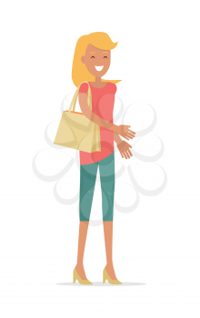 Happy woman promenade. Beautiful happy blond lady walking with handbag over her shoulder flat vector illustration isolated on white background. For shopping and fashion concepts, advertising