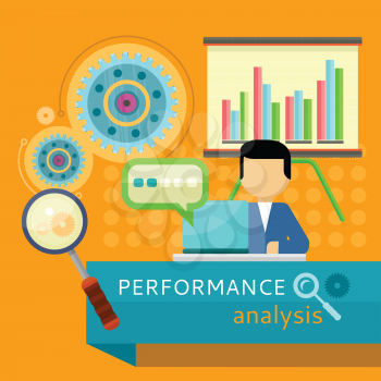Performance analysis banner. Person working at laptop, making financial planning or generating report. Presentation of financial planning. Business Man search for solutions infographics. Vector