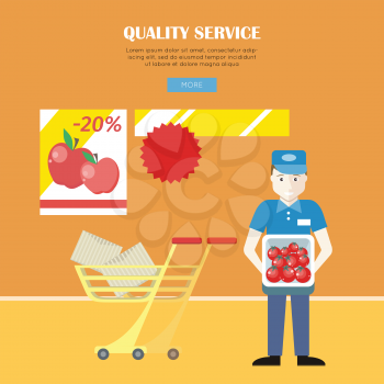 Quality service concept web banner vector in flat style. Worker in uniform with box of fresh tomatoes in hands. Sales and discounts in store. Illustration for retail shops ad and web pages design.