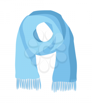 Knitted scarf isolated on white background. Unisex blue warm woolen scarf with trim. Autumn and winter season accessory. Kremer, muffler or neck-wrap. Worn around neck for warmth and fashion. Vector