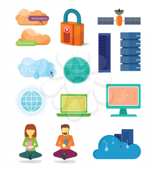 Set of internet icons in flat design. Networking technologies. Server, cloud, laptop, monitor, globe, lock,  satellite, user illustrations for hosting company, cloud services ad. Isolated on white  