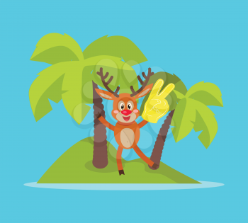 Vacation on tropic island cartoon concept. Joyful horned reindeer with foam victory fingers on small island with palm trees flat vector illustration isolated on blue background. For travel company ad 