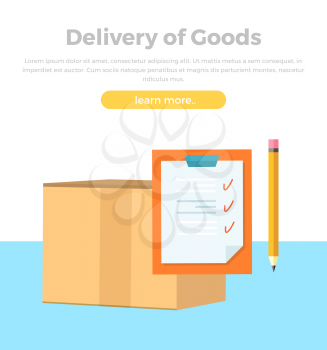 Delivery of goods banner. Packing product design in flat style. Package service, transportation parcel, deliver container, receive pack, send and logistics. Paper with tips and pencil. Vector