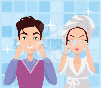 Man and woman washing their faces. Cleaning in the morning. Making washing procedure in front of the mirror. People take care about their look. Part of series of ladies and gentlemen face care. Vector