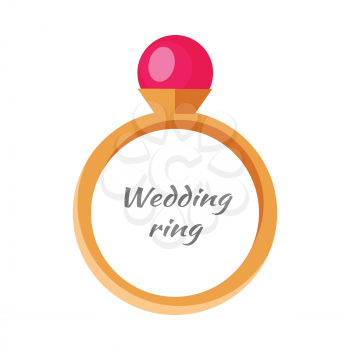 Beautiful wedding ring with red gemstone. Engagement ring with red gem. Ring icon in flat. Beautiful red ruby. Precious ring with red gem. Isolated vector illustration on white background.