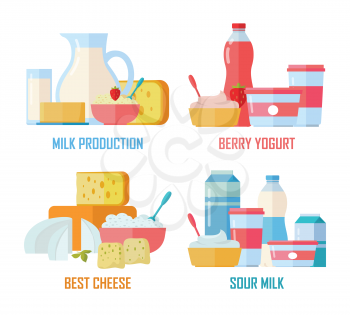 Different traditional dairy products from milk on white background. Milk production, berry yogurt, best cheese, sour milk banners. Assortment of dairy products. Farm food illustration set in flat.