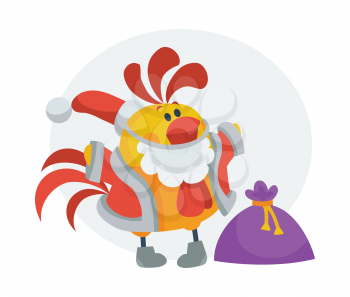 Rooster bird in Santa s cloth with bag full of presents. Cock in Santa s hat isolated. Chinese calendar zodiac cock horoscope. Chicken character collection in flat. New year xmas greeting card. Vector