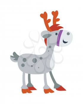 Little toy horse isolated on white. Cute deer with red horns. Artificial reindeer vector illustration. Toy deer in flat style design. New Year and Christmas concept. Sticker for children