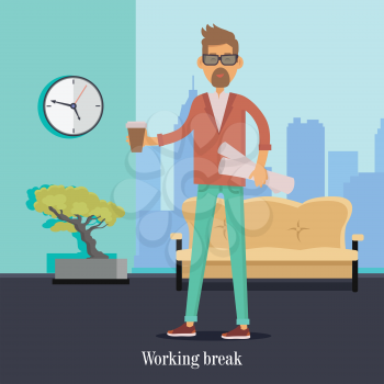 Working break. Man with a cup of coffee holds papers in his hands stands near the sofa. Person in office has rest during work. Male on a snack at work time in flat style design. Vector illustration