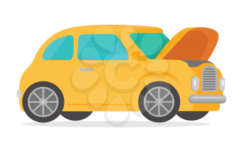 Yellow retro car isolated on white background. Vintage car with open hood in flat style. Car logo icon symbol. High quality city transport. Sedan automobile. Luxury high class sedan. Vector