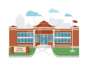 Best school building vector illustration. Flat design. Public educational institution. Modern projects of educational establishments. School facade and yard. Front view. College organization