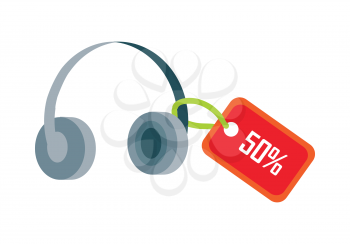 Earphones with red sale tag fifty percent discount isolated. Sale of household appliances. Electronic device headphones in flat style. Music, headphones dj, speaker, headset, headphones icon. Vector