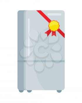 Refrigerator icon with label on ribbon. Traditional home appliance for NAME flat vector illustration isolated on white background. Best choice, best price, bestseller signs. For store sale and discount promo
